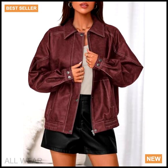 Faux Leather Bomber Jacket Oversized Moto Biker Zip Up Retro Chic - Picture 2 of 7
